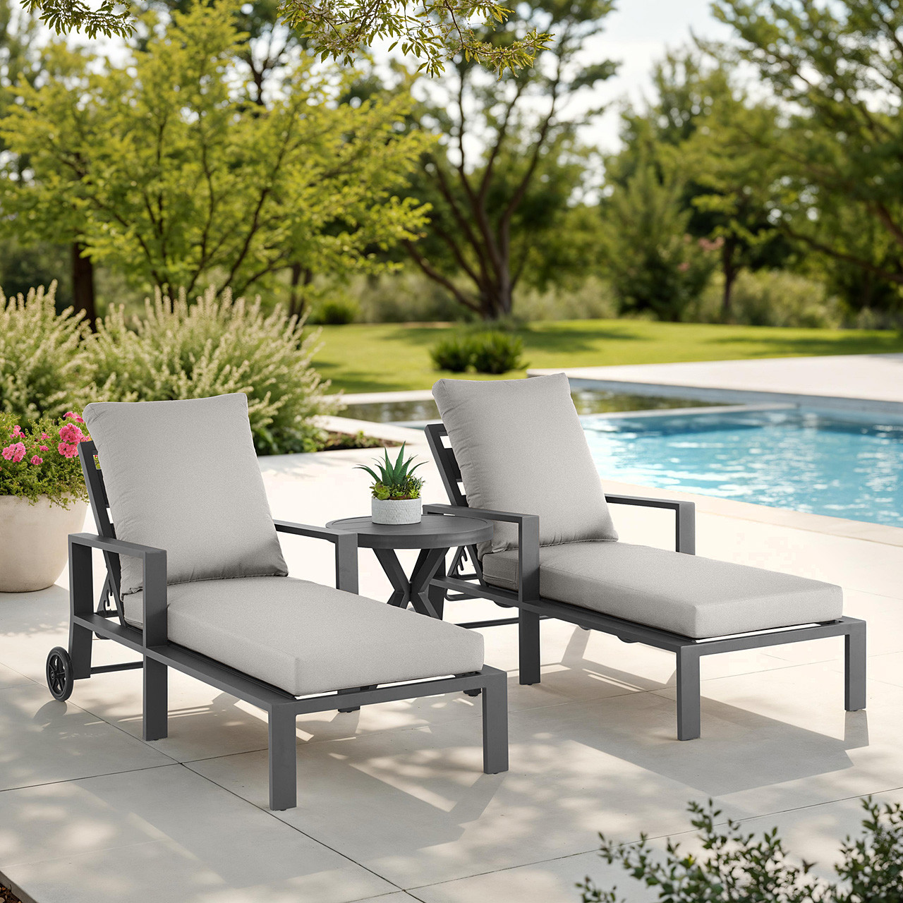 Montecito Charcoal Aluminum with Cushions 3 Piece Chaise Lounge