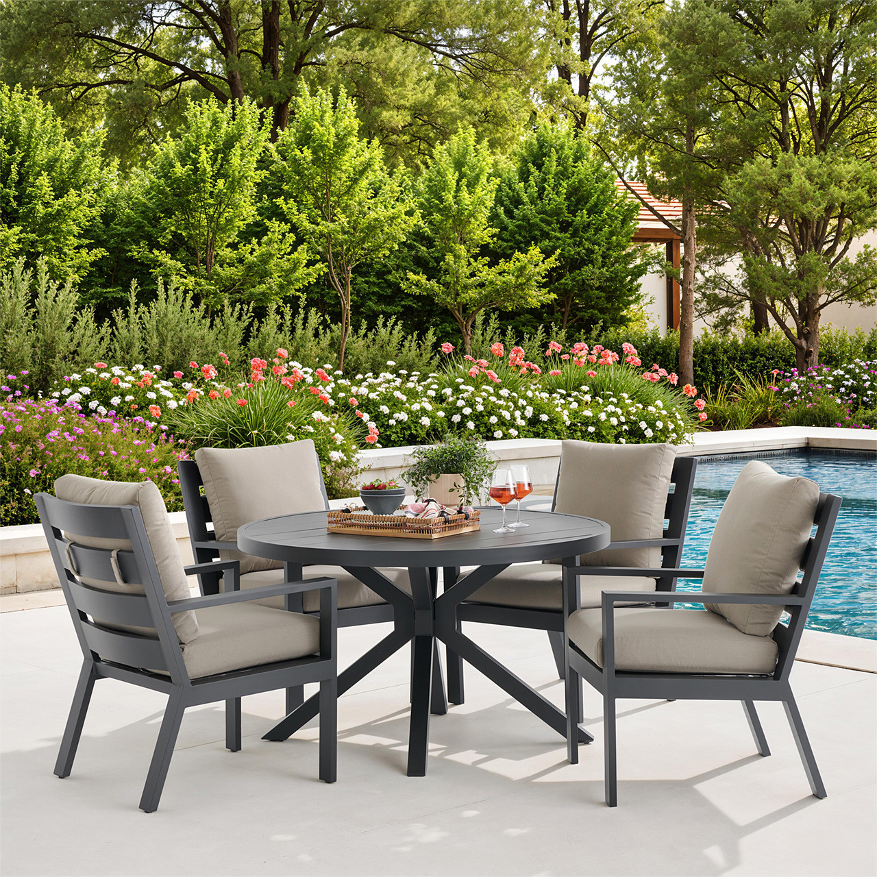 Montecito Charcoal Aluminum with Cushions 5 Piece Dining Set + 48 in. D Table
