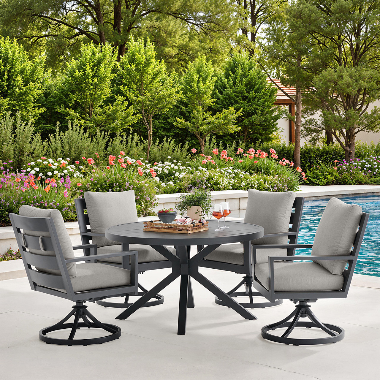 Montecito Charcoal Aluminum with Cushions 5 Piece Swivel Dining Set + 48 in. D Table