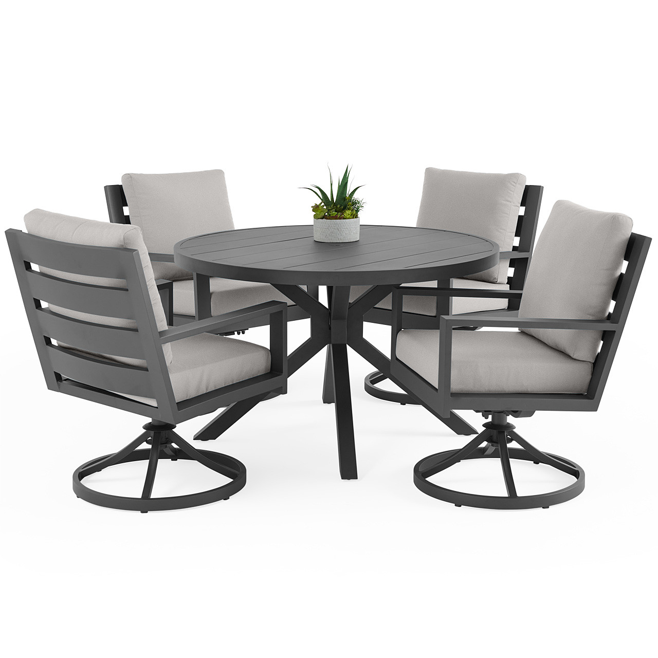 Montecito Charcoal Aluminum with Cushions 5 Piece Swivel Dining Set + 48 in. D Table