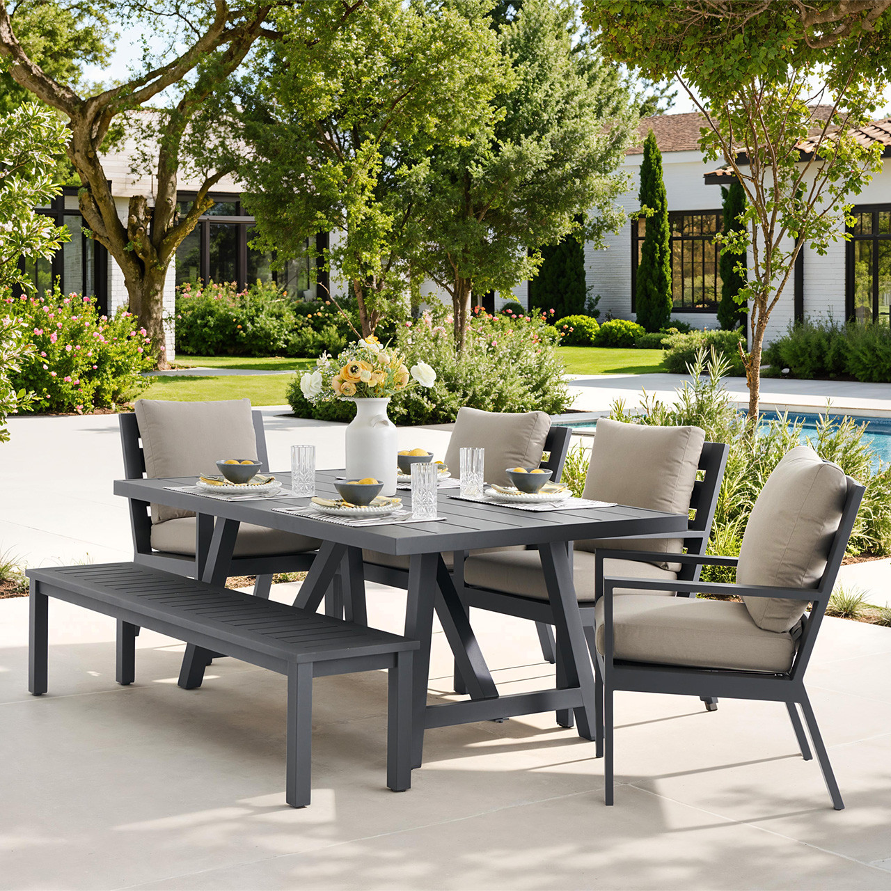 Montecito Charcoal Aluminum with Cushions 6 Piece Bench Dining Set + 70 x 40 in. Table