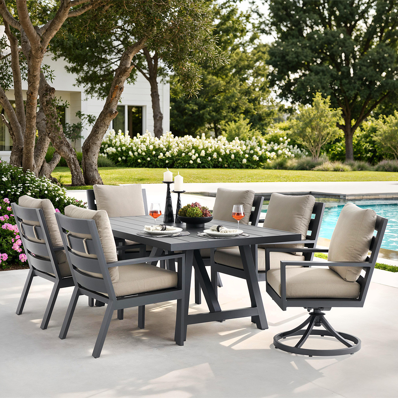 Montecito Charcoal Aluminum with Cushions 7 Piece Combo Dining Set + 70 x 40 in. Table