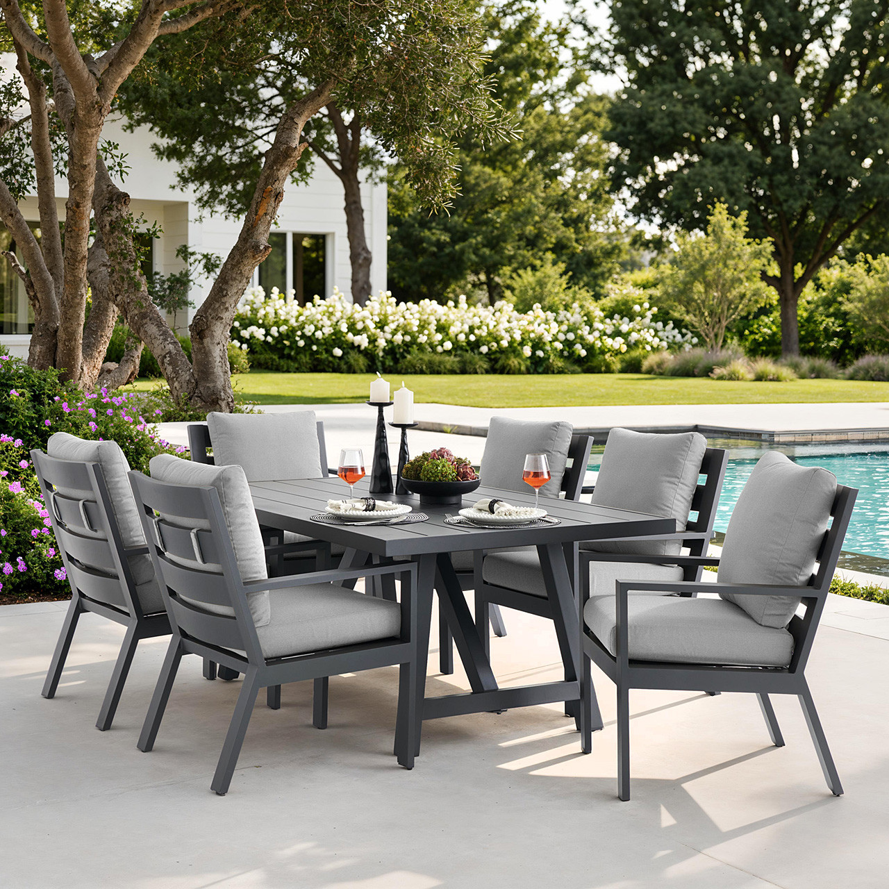 Montecito Charcoal Aluminum with Cushions 7 Piece Combo Dining Set + 70 x 40 in. Table