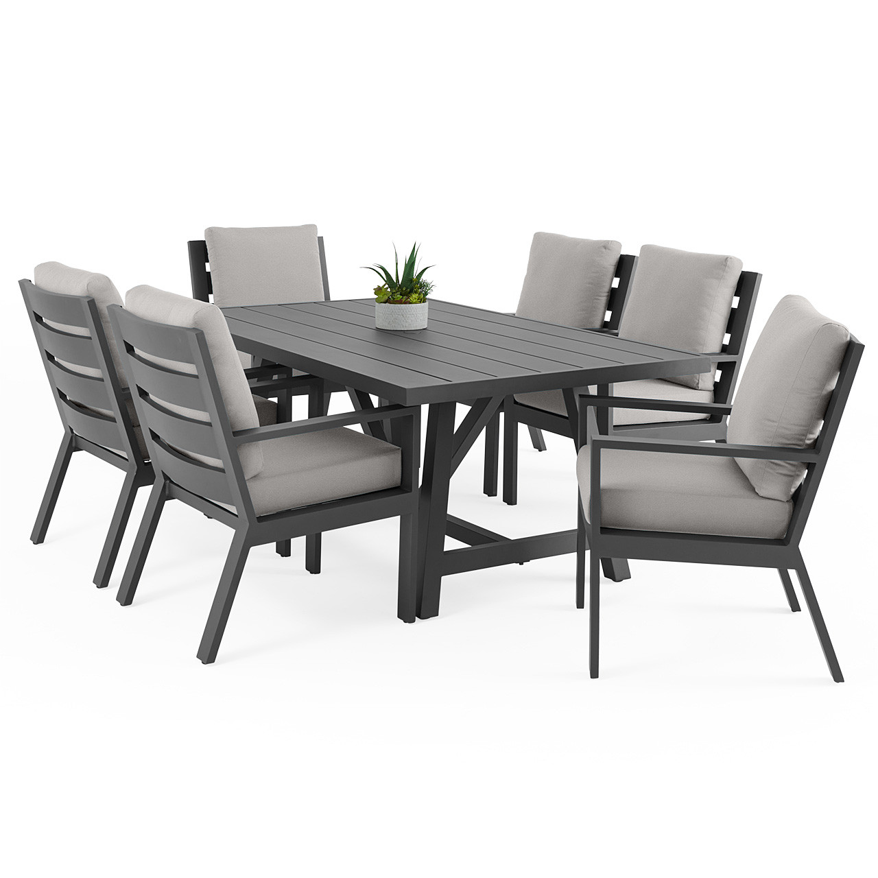 Montecito Charcoal Aluminum with Cushions 7 Piece Combo Dining Set + 70 x 40 in. Table