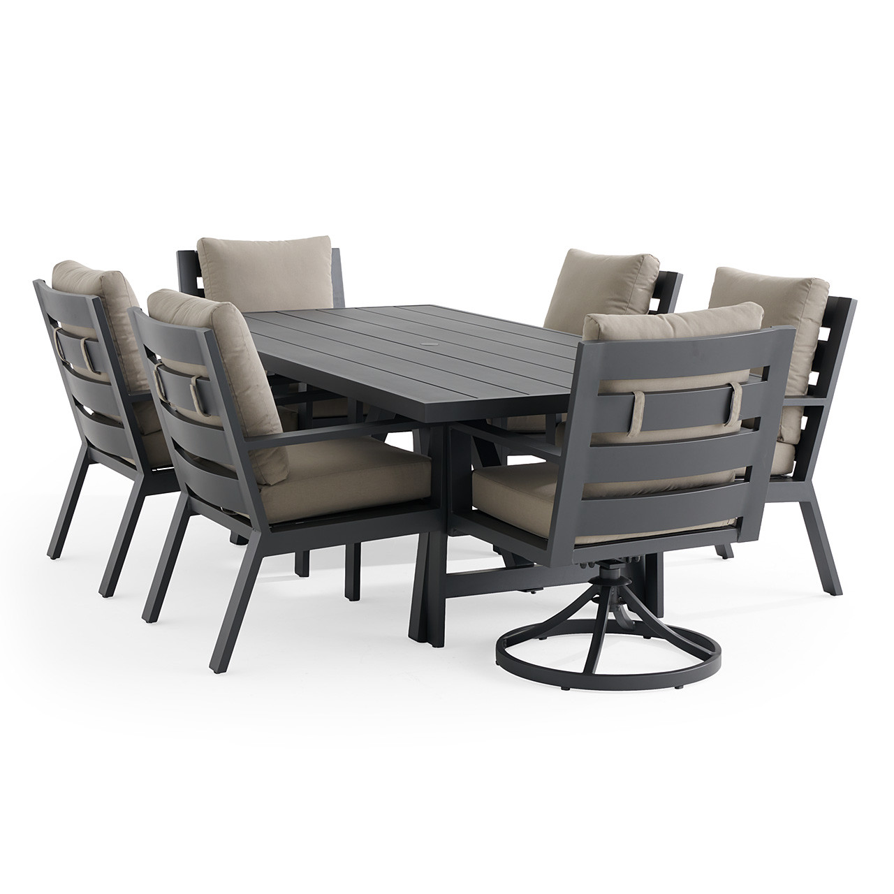 Montecito Charcoal Aluminum with Cushions 7 Piece Combo Dining Set + 84 x 42 in. Table