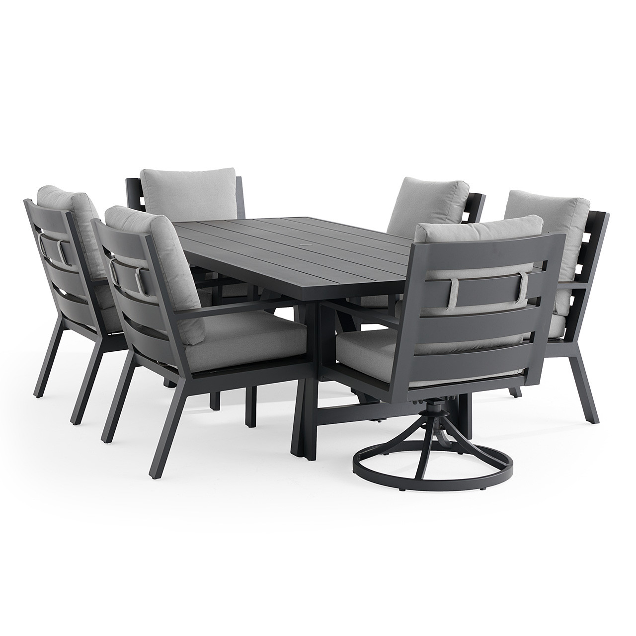 Montecito Charcoal Aluminum with Cushions 7 Piece Combo Dining Set + 84 x 42 in. Table