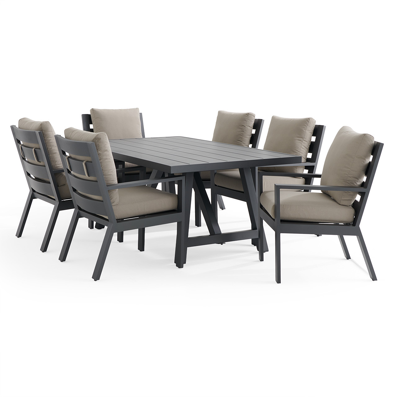 Montecito Charcoal Aluminum with Cushions 7 Piece Dining Set + 70 x 40 in. Table