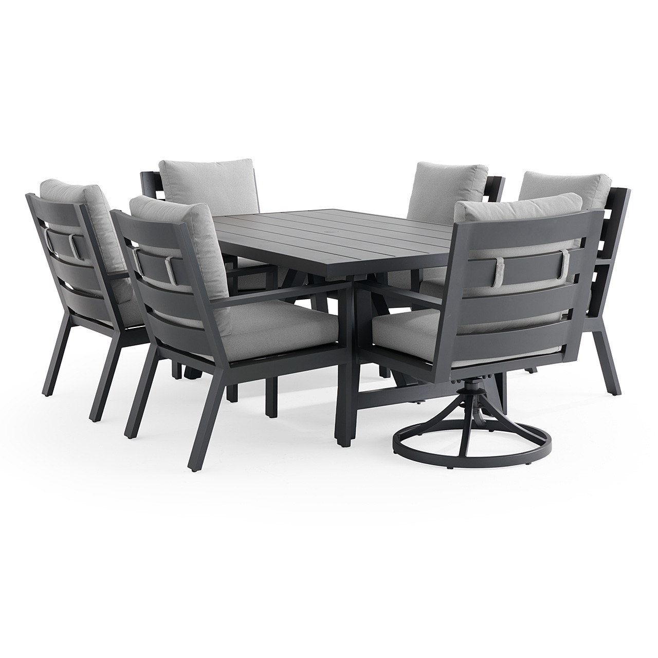 Montecito Charcoal Aluminum with Cushions 7 Piece Dining Set + 70 x 40 in. Table
