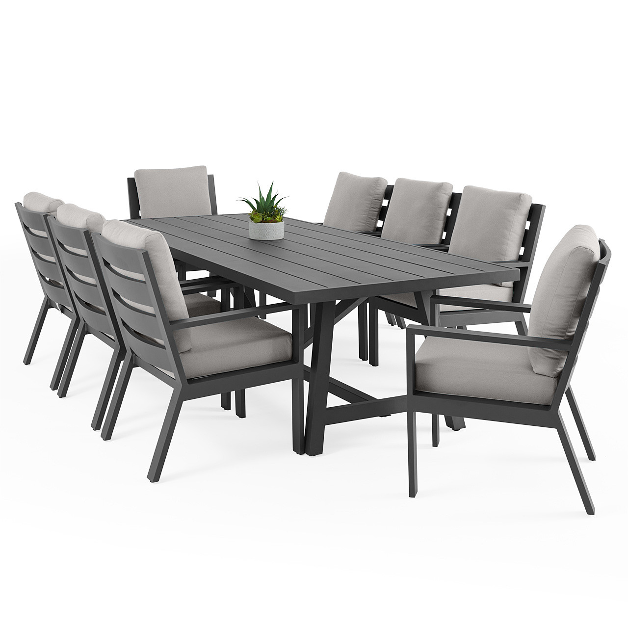 Montecito Charcoal Aluminum with Cushions 9 Piece Dining Set +100 x 40 in. Table