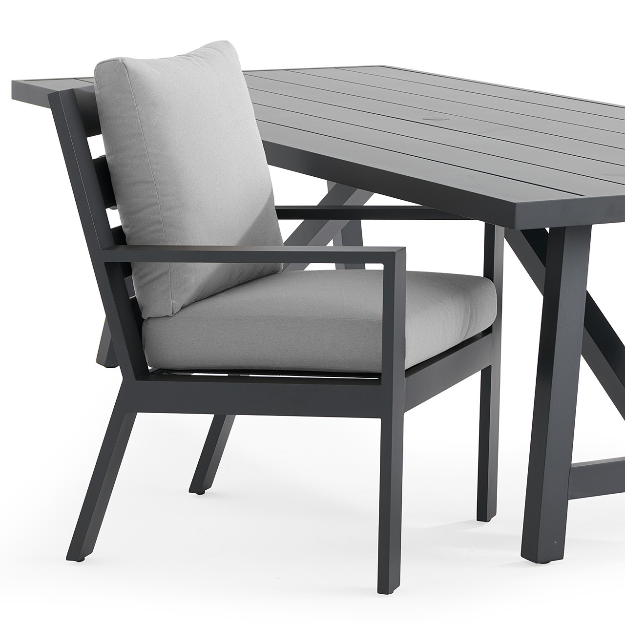 Montecito Charcoal Aluminum with Cushions 9 Piece Dining Set +100 x 40 in. Table