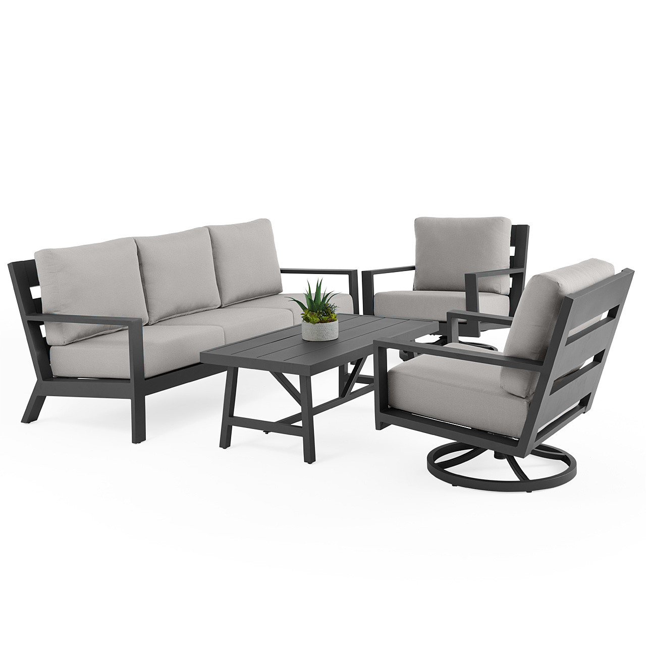 Montecito Charcoal Aluminum with Cushions 4 Piece Swivel Sofa Group + 48 x 26 in. Coffee Table
