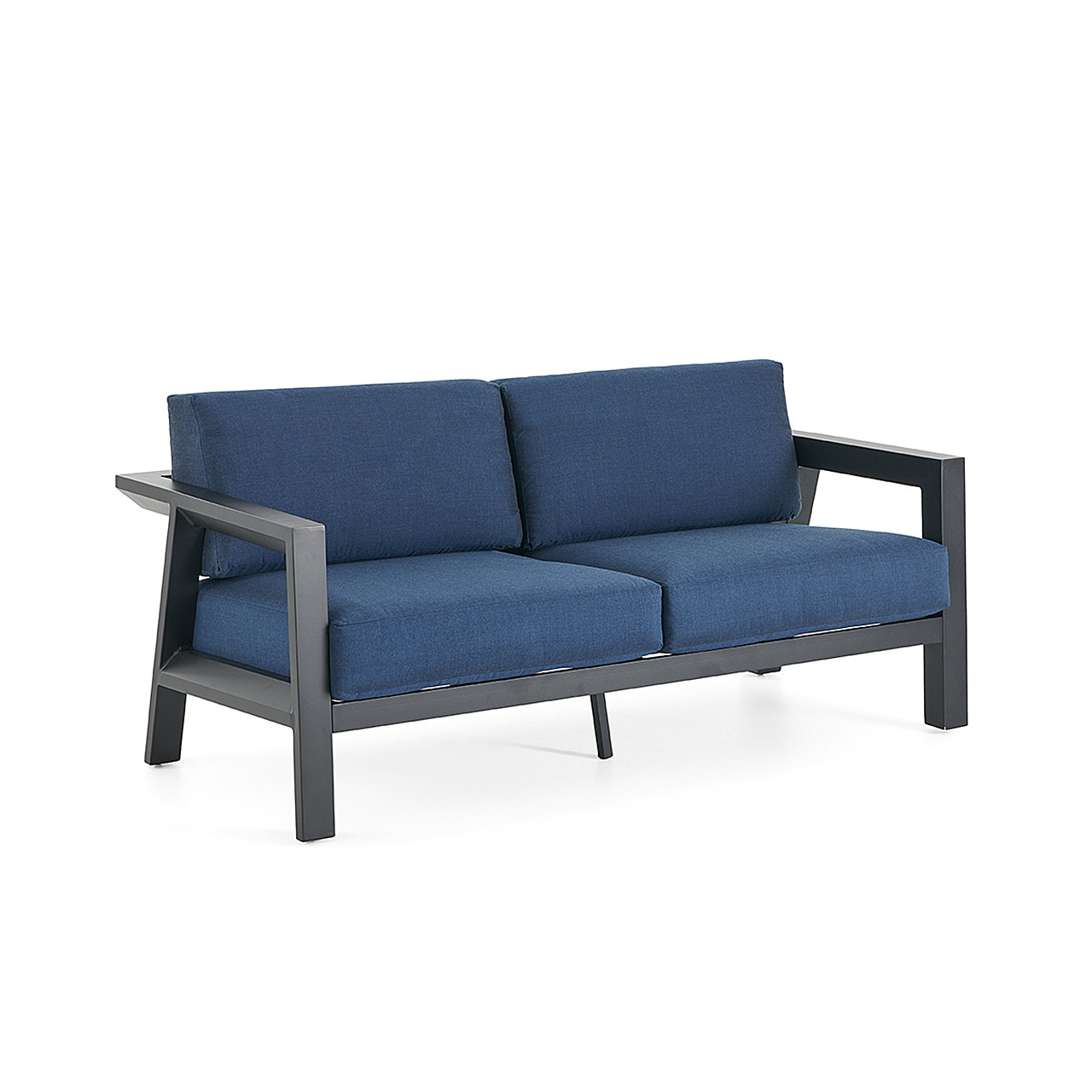 Marino Midnight Aluminum with Lifeguard Cabana Cushions 3 Piece Sofa Group + 43 x 22 in. Slat Top Coffee Table