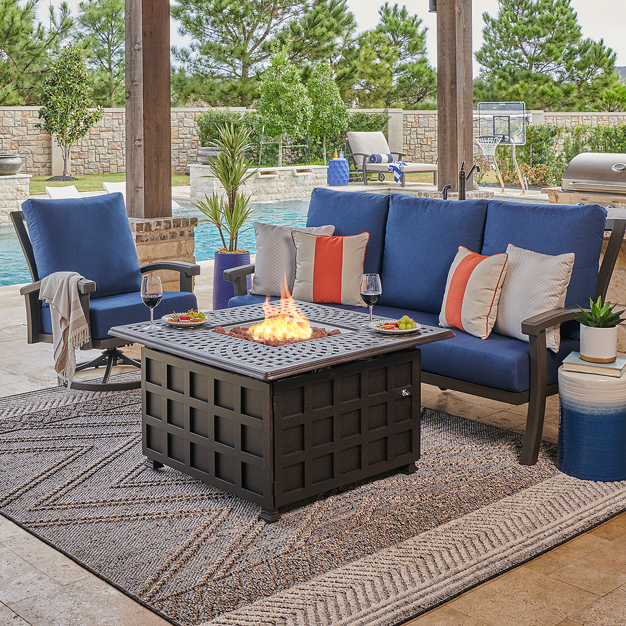 Fairmont Aged Bronze Aluminum with Cushions 3 Piece Swivel Sofa Group + 42 in. Sq. Carlisle Fire Pit