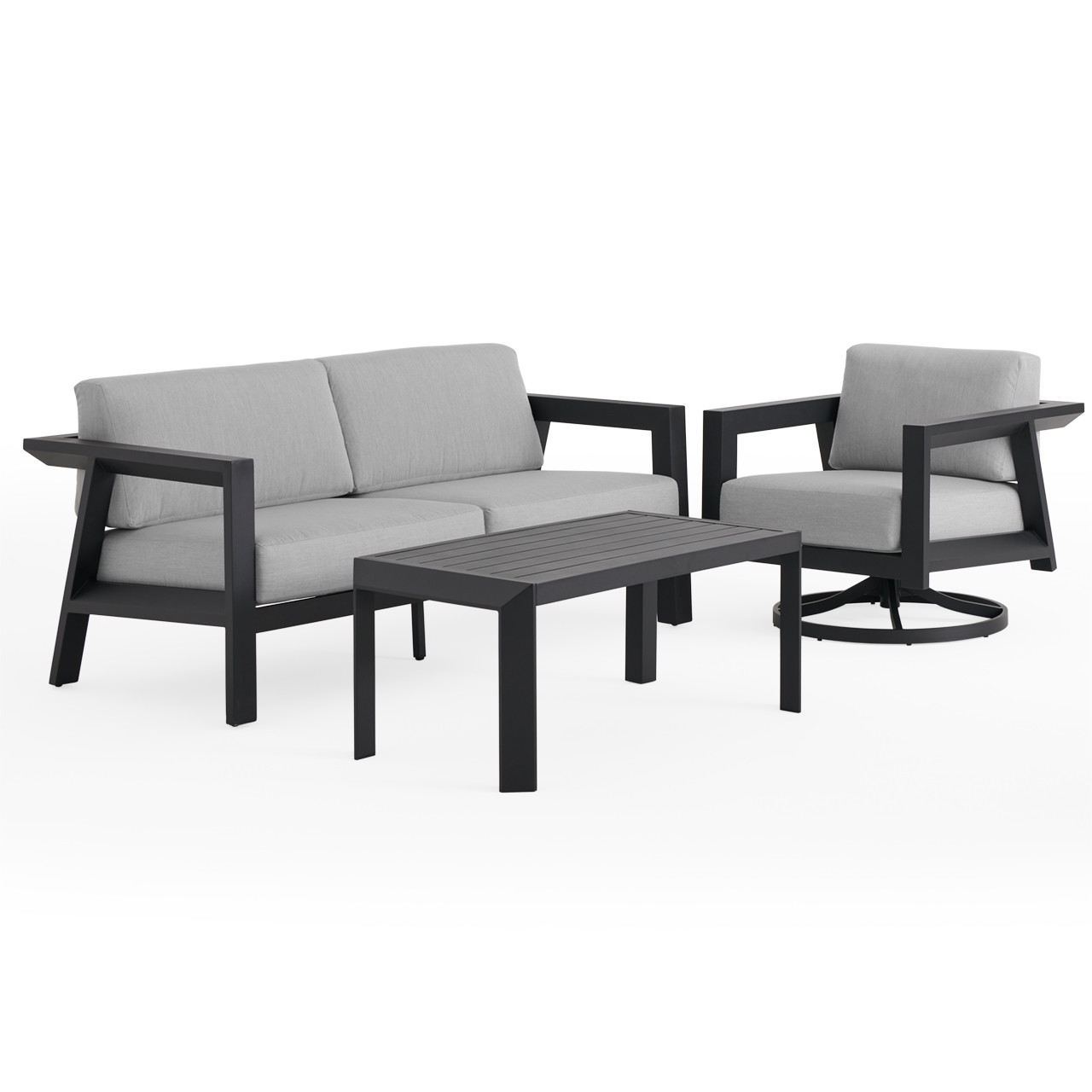 St. Lucia Midnight Aluminum with Cushions 3 Piece Swivel Sofa Group + 43 x 22 in. Coffee Table
