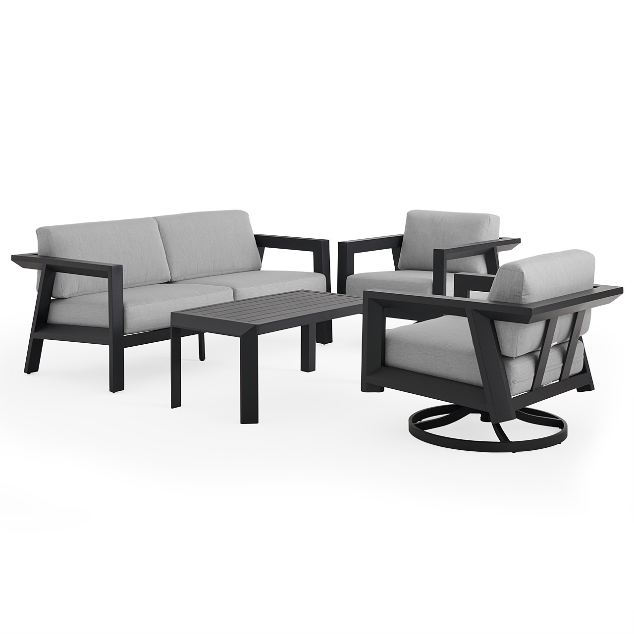 St. Lucia Midnight Aluminum with Cushions 4 Piece Swivel Sofa Group + 43 x 22 in. Coffee Table