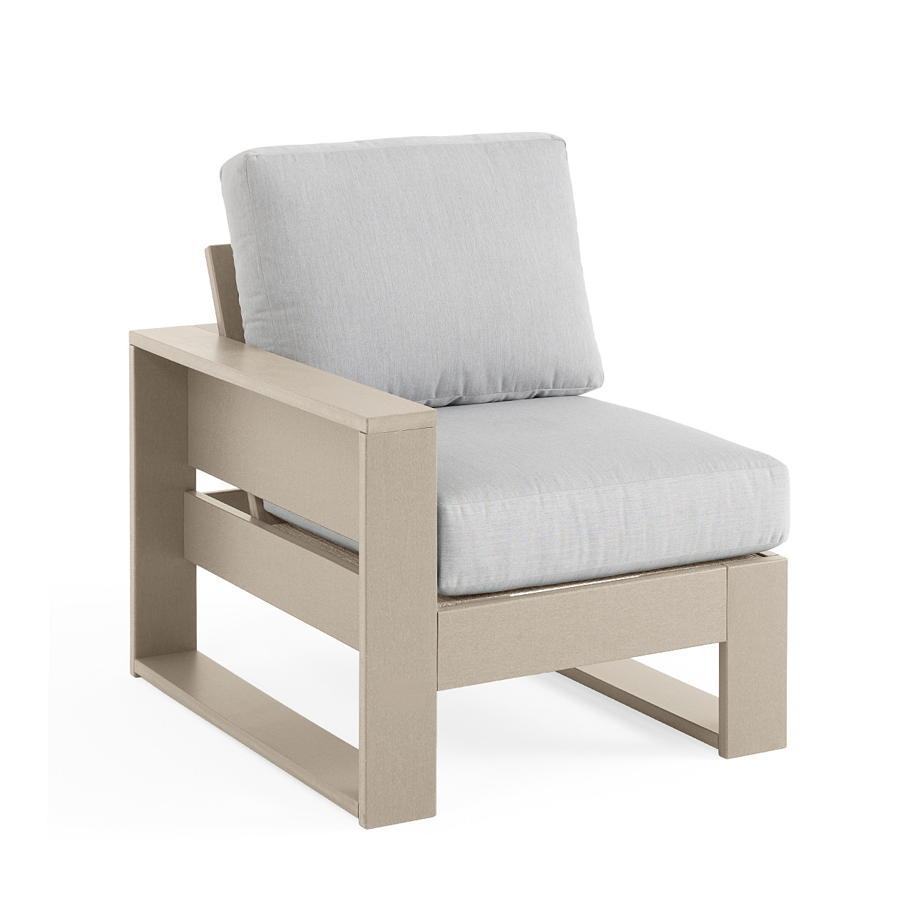 Montauk Weathered Wood Polymer with Cushions 6 Piece Modular Sectional + 42 in. Sq. Black Sintered Fire Pit Table