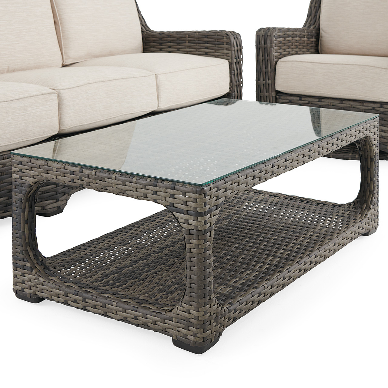 Tangiers Canola Seed Outdoor Wicker and Charmer Limestone Cushions 4 Piece Sofa Group + 46 x 26 in. Coffee Table
