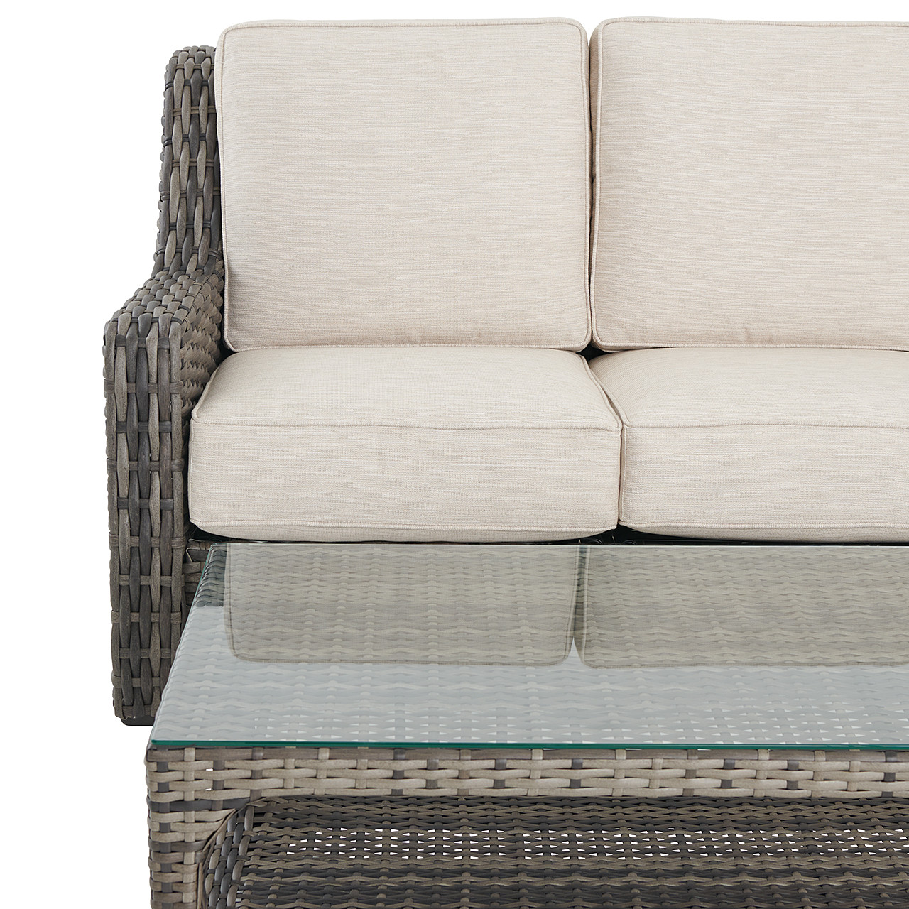 Tangiers Canola Seed Outdoor Wicker and Charmer Limestone Cushions 4 Piece Swivel Loveseat Group + 46 x 26 in. Coffee Table