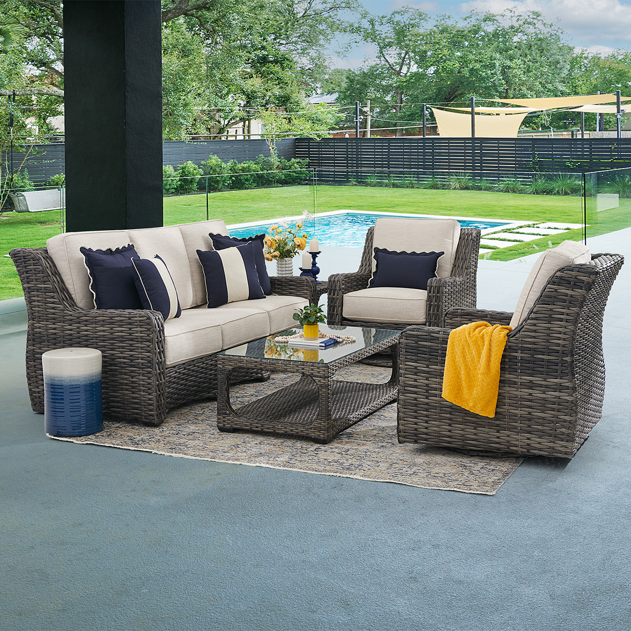 Tangiers Canola Seed Outdoor Wicker and Charmer Limestone Cushions 4 Piece Swivel Sofa Group + 46 x 26 in. Coffee Table Tangiers Canola Seed Outdoor Wicker and Charmer Limestone Cushions 4 Piece Swivel Sofa Group + 46 x 26 in. Coffee Table