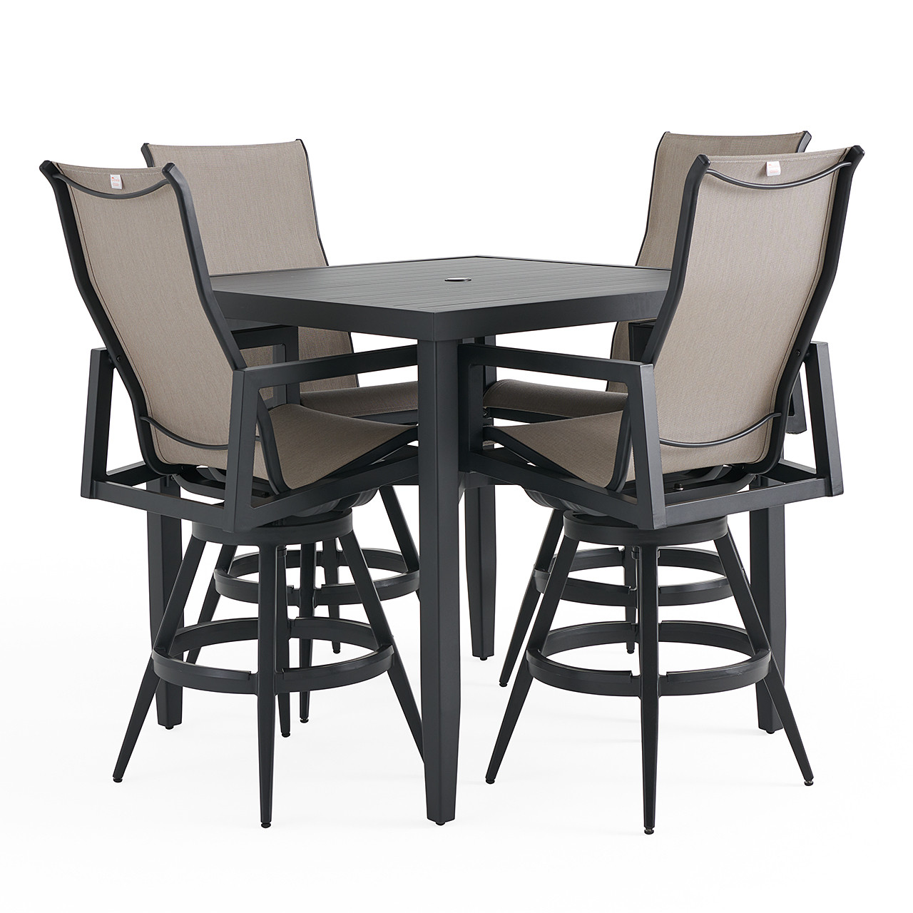 Portofino Husk Midnight Aluminum and Augustine Ash Sling 5 Piece Bar Set + 43 in. Sq. Table