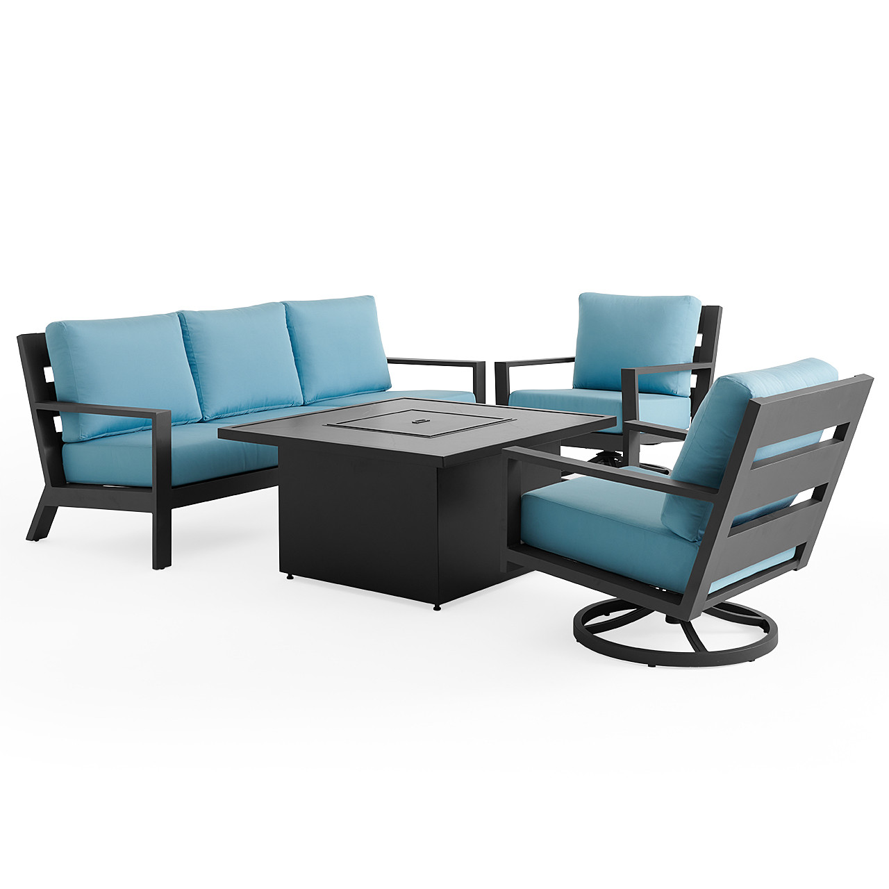 Montecito Charcoal Aluminum with Cushions 4 Piece Swivel Sofa Group + 42 in. Sq. Sintered Fire Pit Table