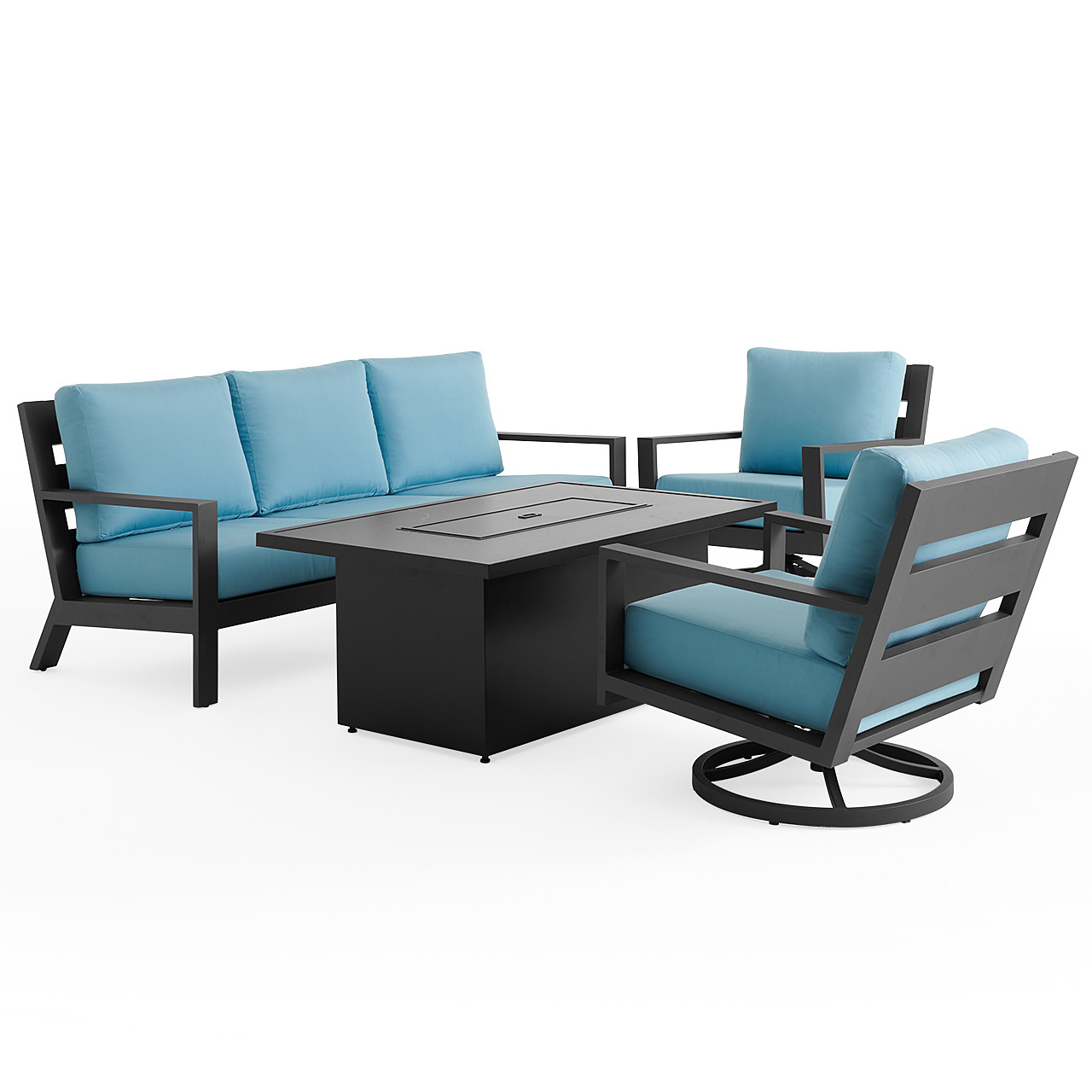 Montecito Charcoal Aluminum with Cushions 4 Piece Swivel Sofa Group + 52 x 32 in. Sintered Fire Pit Table