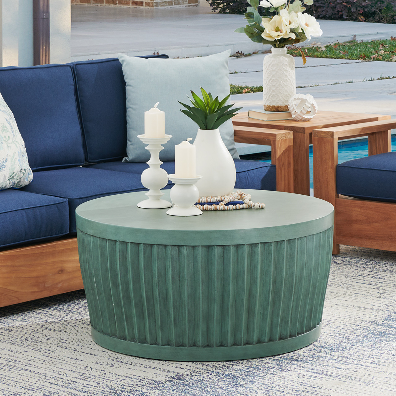 Sea Glass Concrete 36 in. D Fluted Coffee Table - Fortunoff
