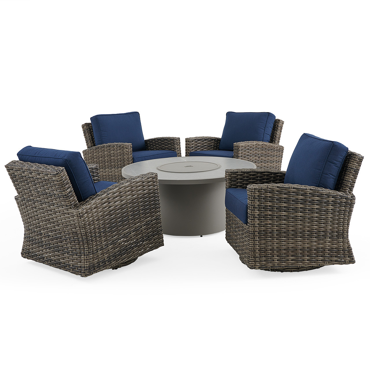 Sonoma Husk Outdoor Wicker with Cushions 5 Piece Swivel Chat Set + 48 in. D Sintered Fire Pit Table