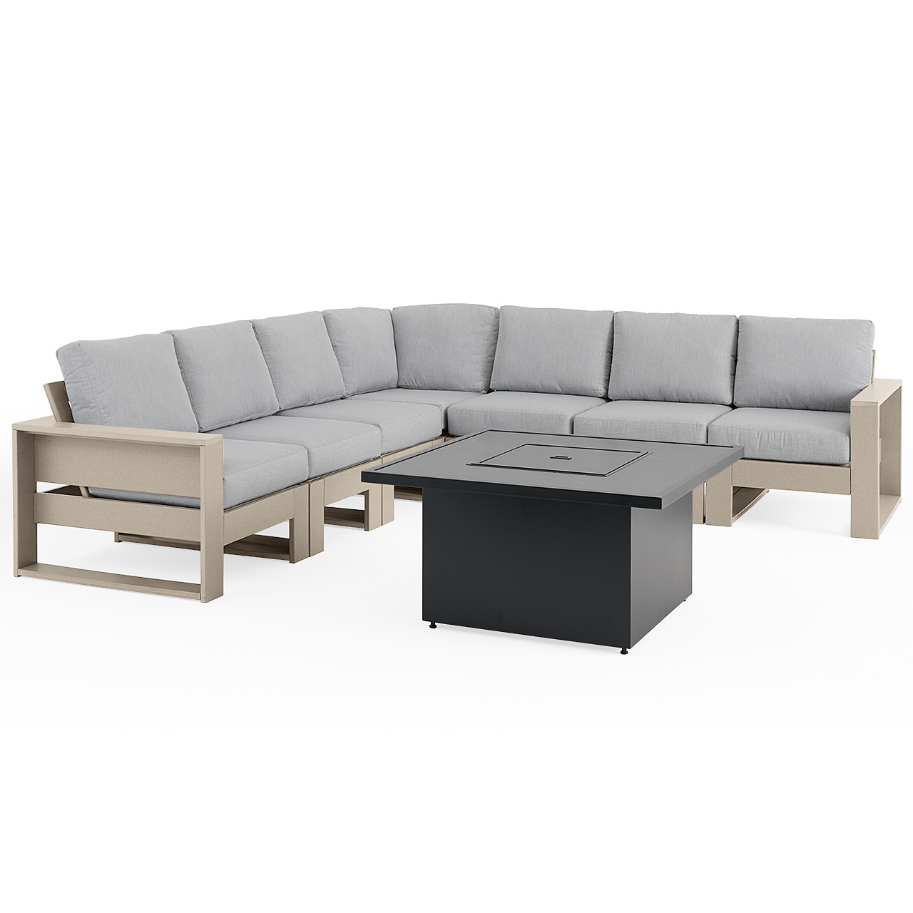 Montauk Weathered Wood Polymer with Cushions 8 Piece Modular Sectional + 42 in. Sq. Black Sintered Fire Pit Table
