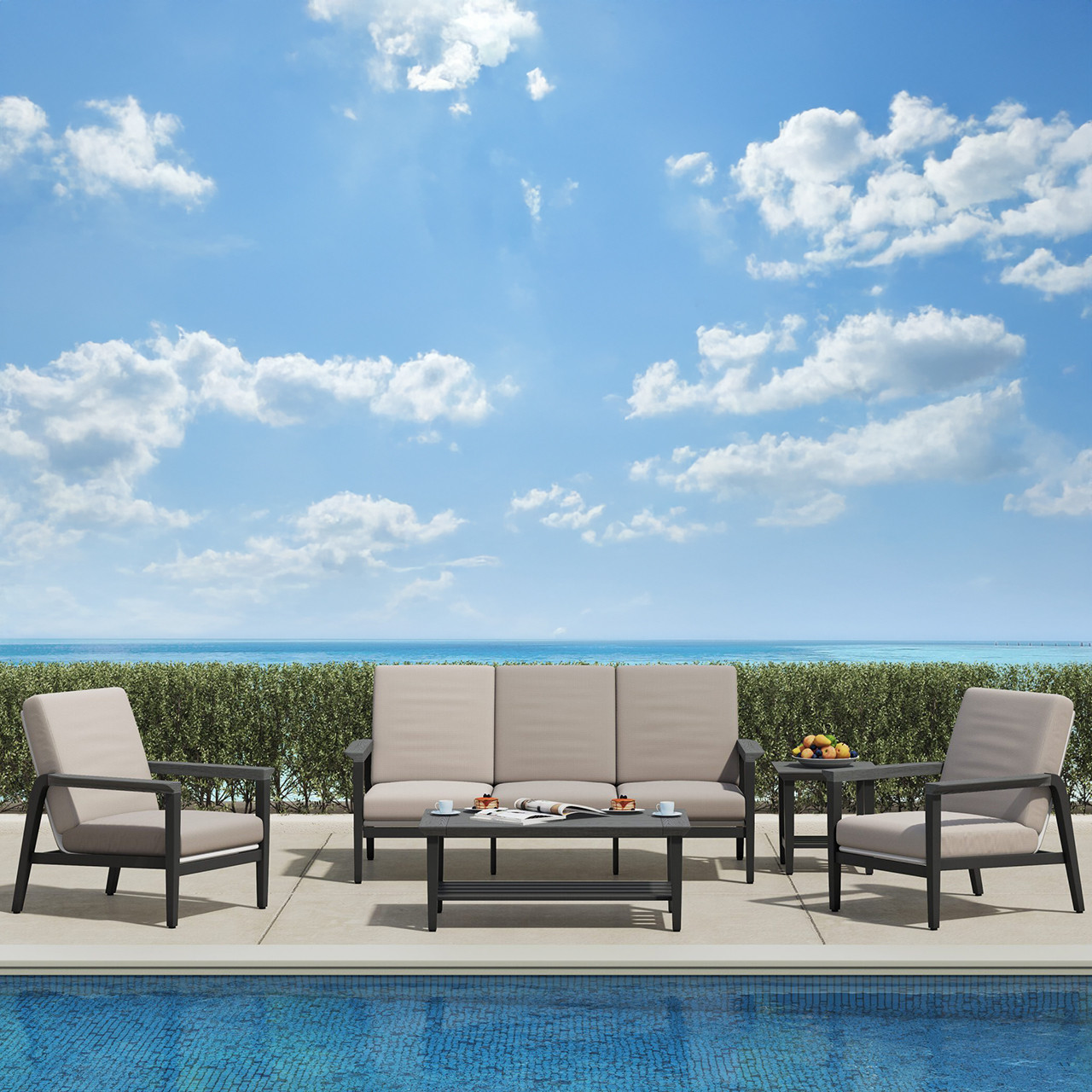 Summit 5 Piece Sofa Group with Canvas Taupe Cushions Aluminum Chairs + Neuwood Polymer 48 x 26 in. Coffee Table and 20 in. Sq. Side Table