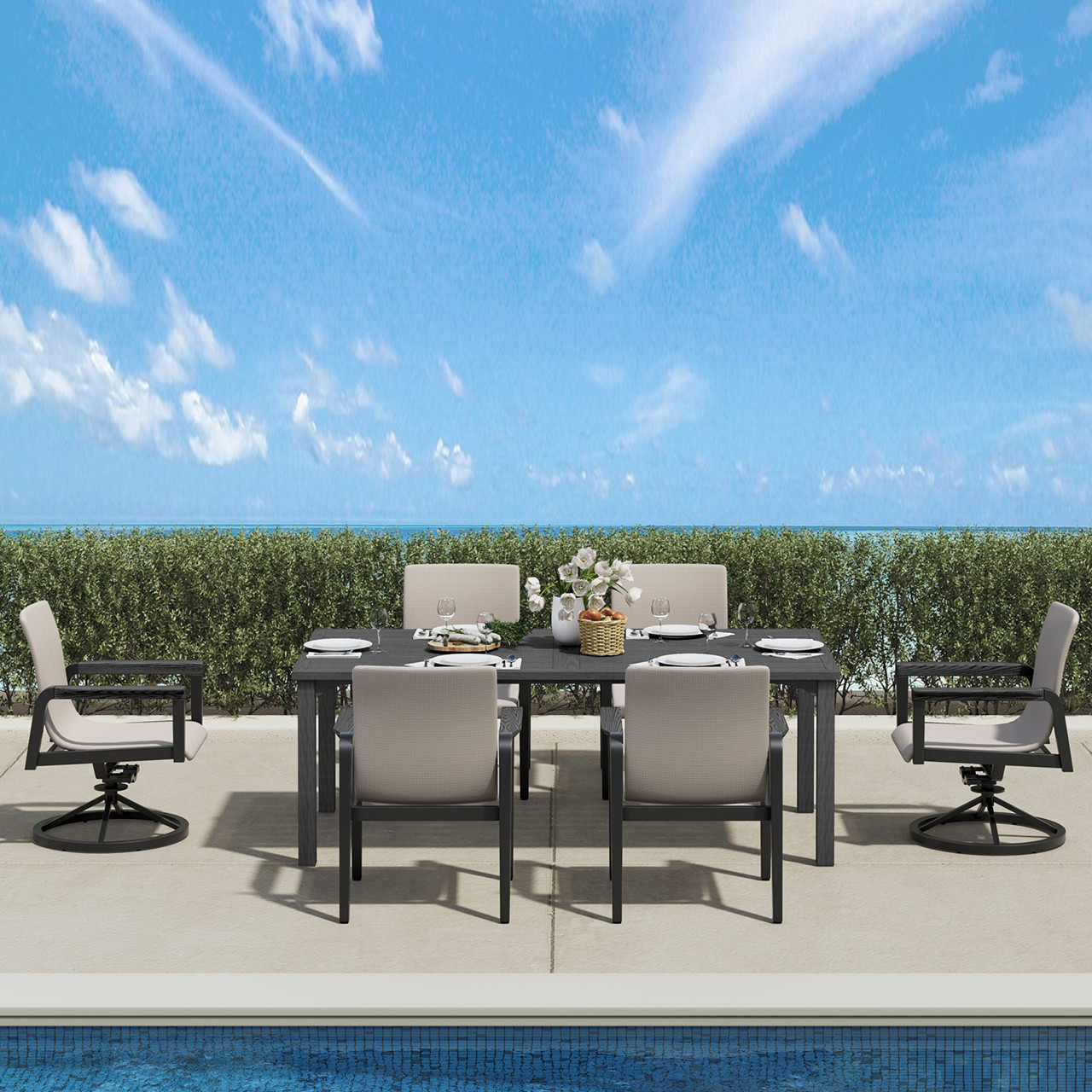 Summit Weathered Teak Aluminum with Beige Sling 7 Piece Dining Set + 84 x 42 in. Table