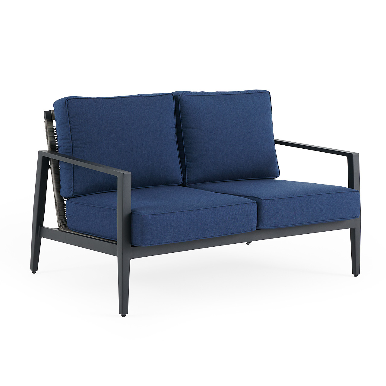 Portofino Husk Midnight with Cushions 4 Piece Swivel Loveseat Group + 48 in. D Fire Pit Table