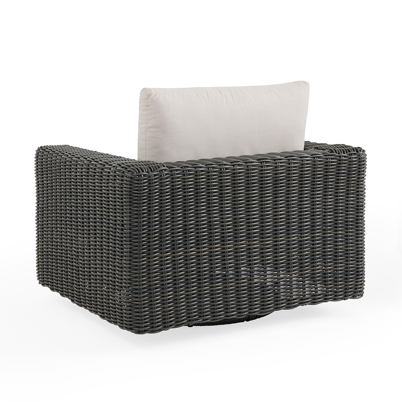 Laguna Smoke Outdoor Wicker and Solid Teak with Cushions 4 Piece Swivel Loveseat Group + 55 x 32 in. Coffee Table