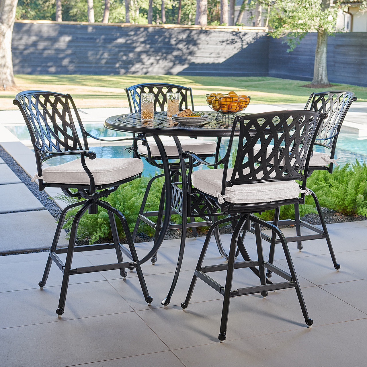 Tivoli Matte Black Cast Aluminum with Cushions 5 Piece Swivel Bar Set + 48 in. D Table