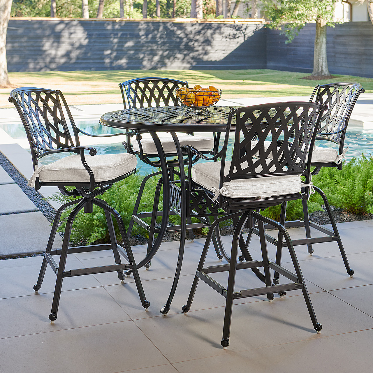 Tivoli Matte Black Cast Aluminum with Cushions 5 Piece Swivel Bar Set + 48 in. D Table