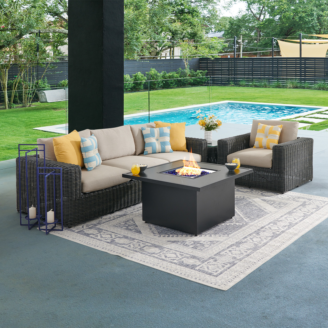 Laguna Smoke Outdoor Wicker with Cushions 3 Piece Sofa Group + 42 in. Sq. Fire Pit Table