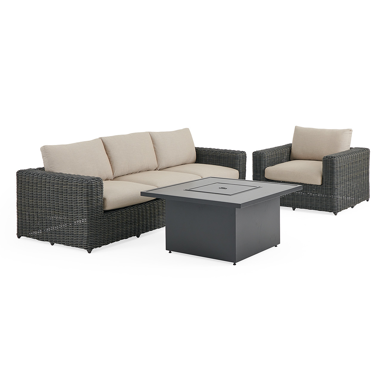 Laguna Smoke Outdoor Wicker with Cushions 3 Piece Sofa Group + 42 in. Sq. Fire Pit Table