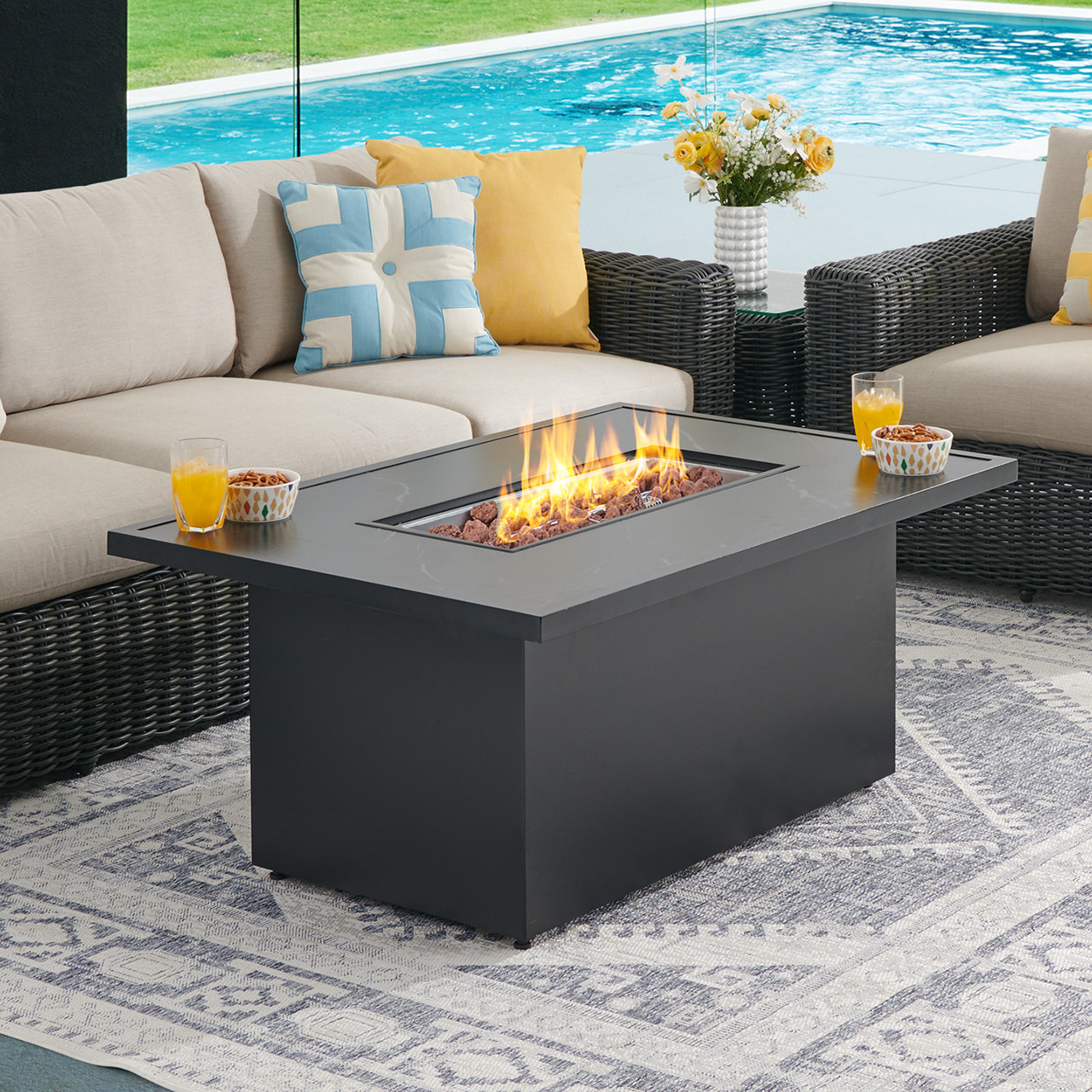 Laguna Smoke Outdoor Wicker with Cushions 4 Piece Swivel Loveseat Group + 55 x 32 in. D Fire Pit Table