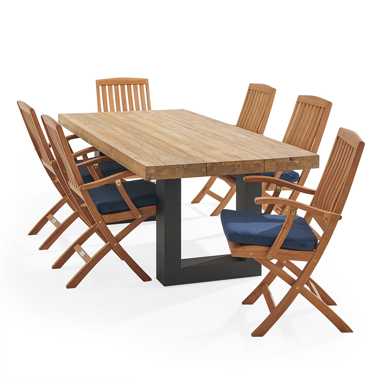 Westport Teak with Cushions 7 Piece Arm Dining Set + Balencia 84 x 40 in. Table