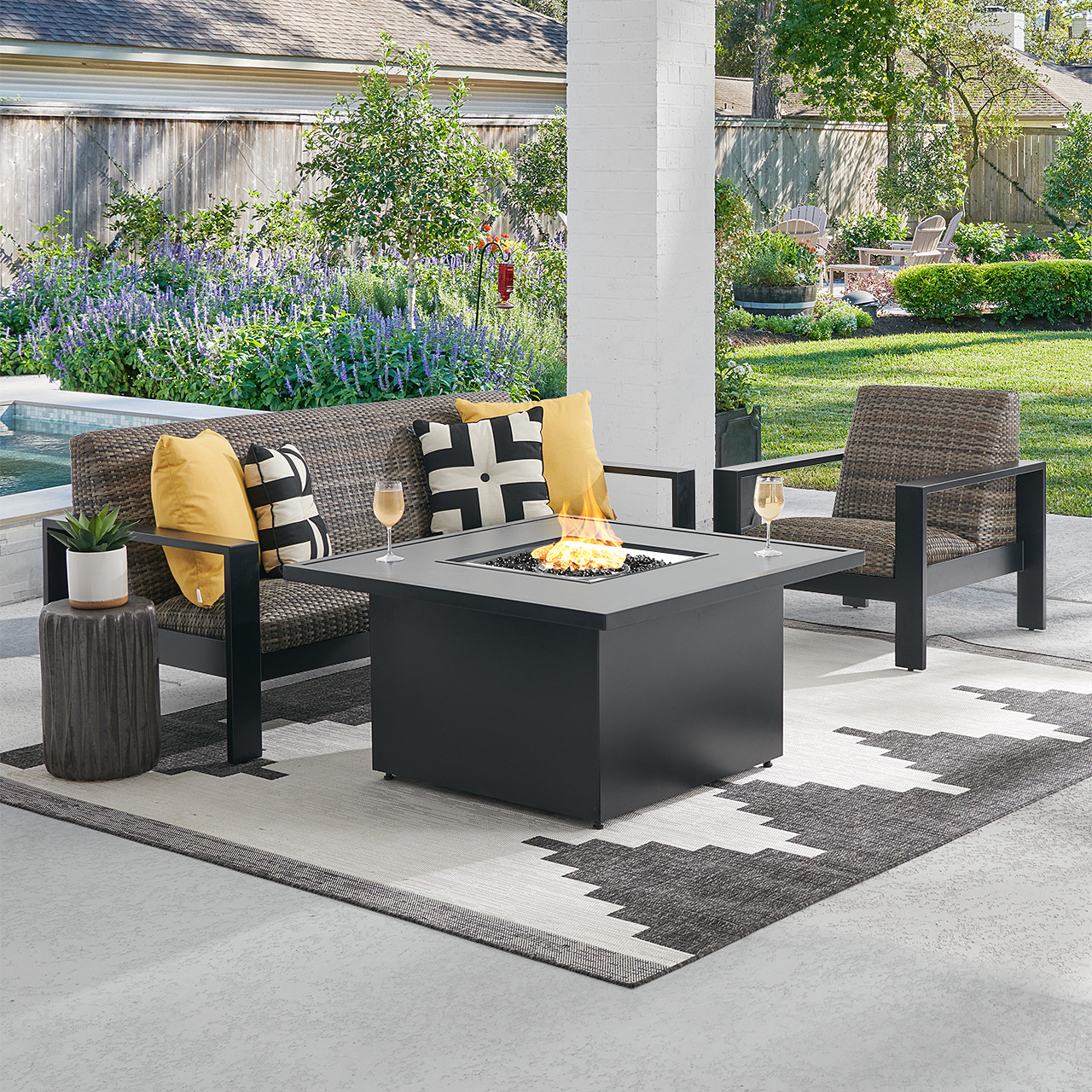Chelsea Textured Black Aluminum and Weathered Teak Outdoor Wicker Concealed Cushions 3 Piece Sofa Group + 42 in. Sq. Fire Pit Table