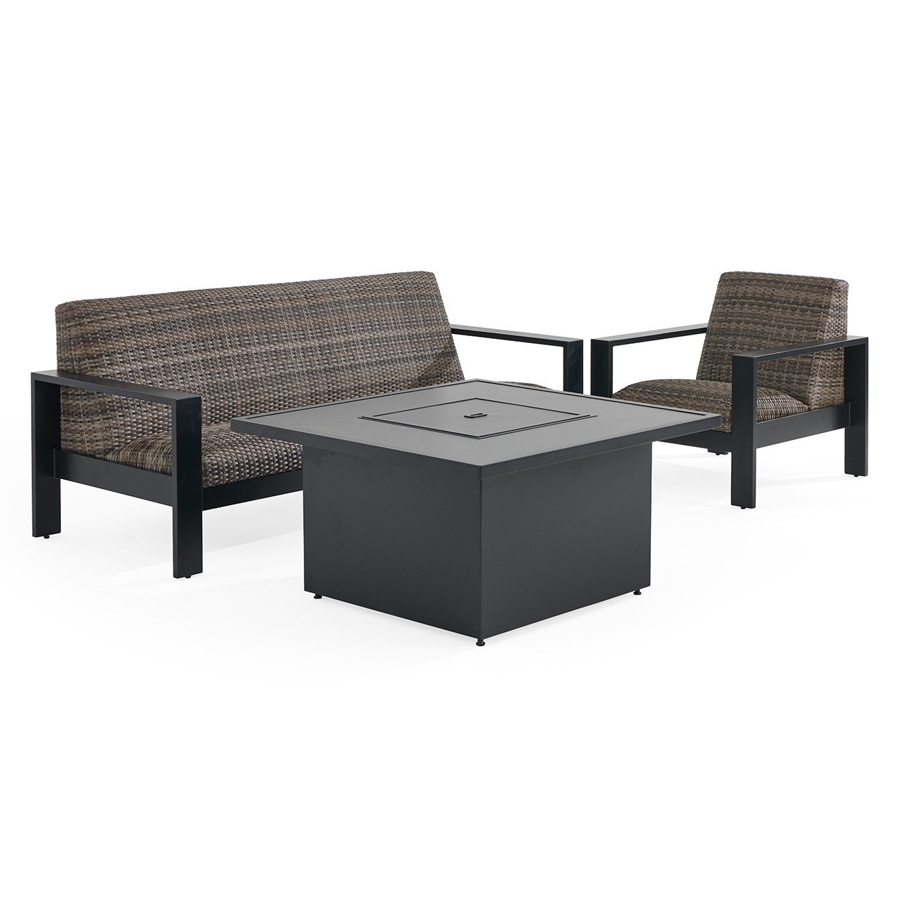 Chelsea Textured Black Aluminum and Weathered Teak Outdoor Wicker Concealed Cushions 3 Piece Sofa Group + 42 in. Sq. Fire Pit Table
