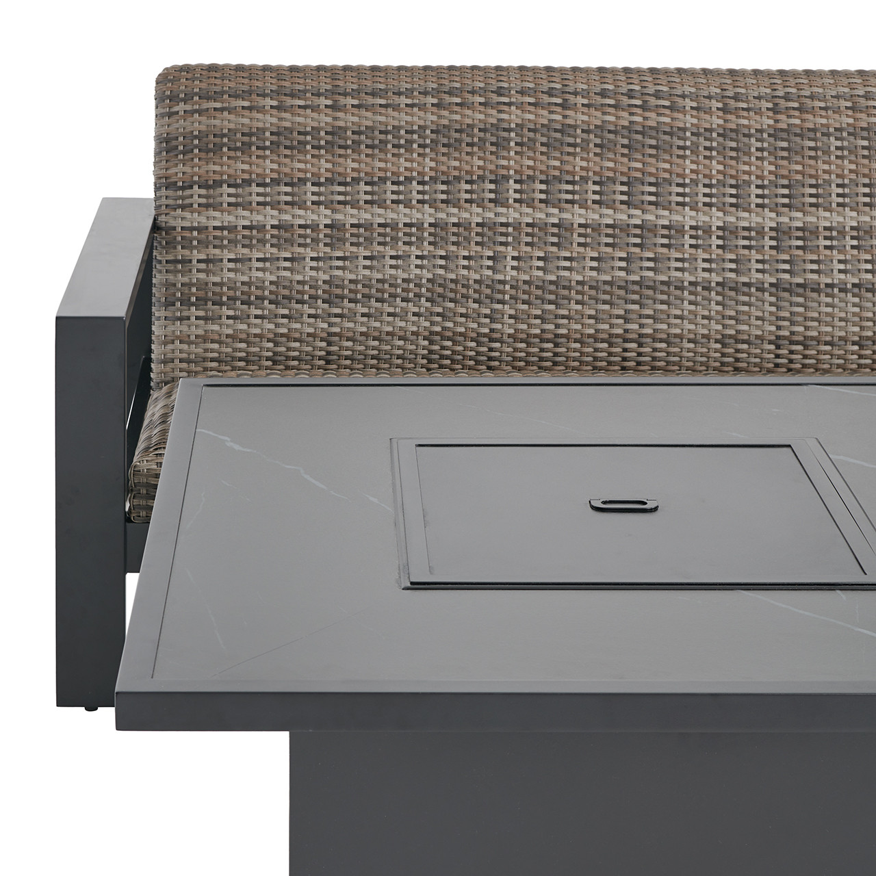 Chelsea Textured Black Aluminum and Weathered Teak Outdoor Wicker Concealed Cushions 3 Piece Sofa Group + 42 in. Sq. Fire Pit Table