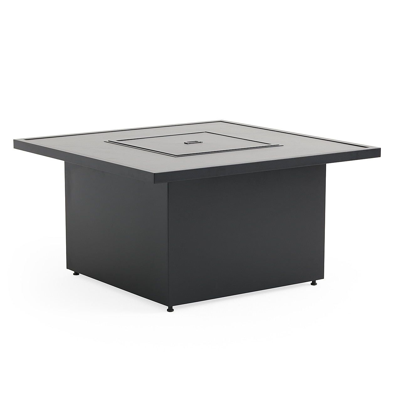 Chelsea Textured Black Aluminum and Weathered Teak Outdoor Wicker Concealed Cushions 3 Piece Sofa Group + 42 in. Sq. Fire Pit Table