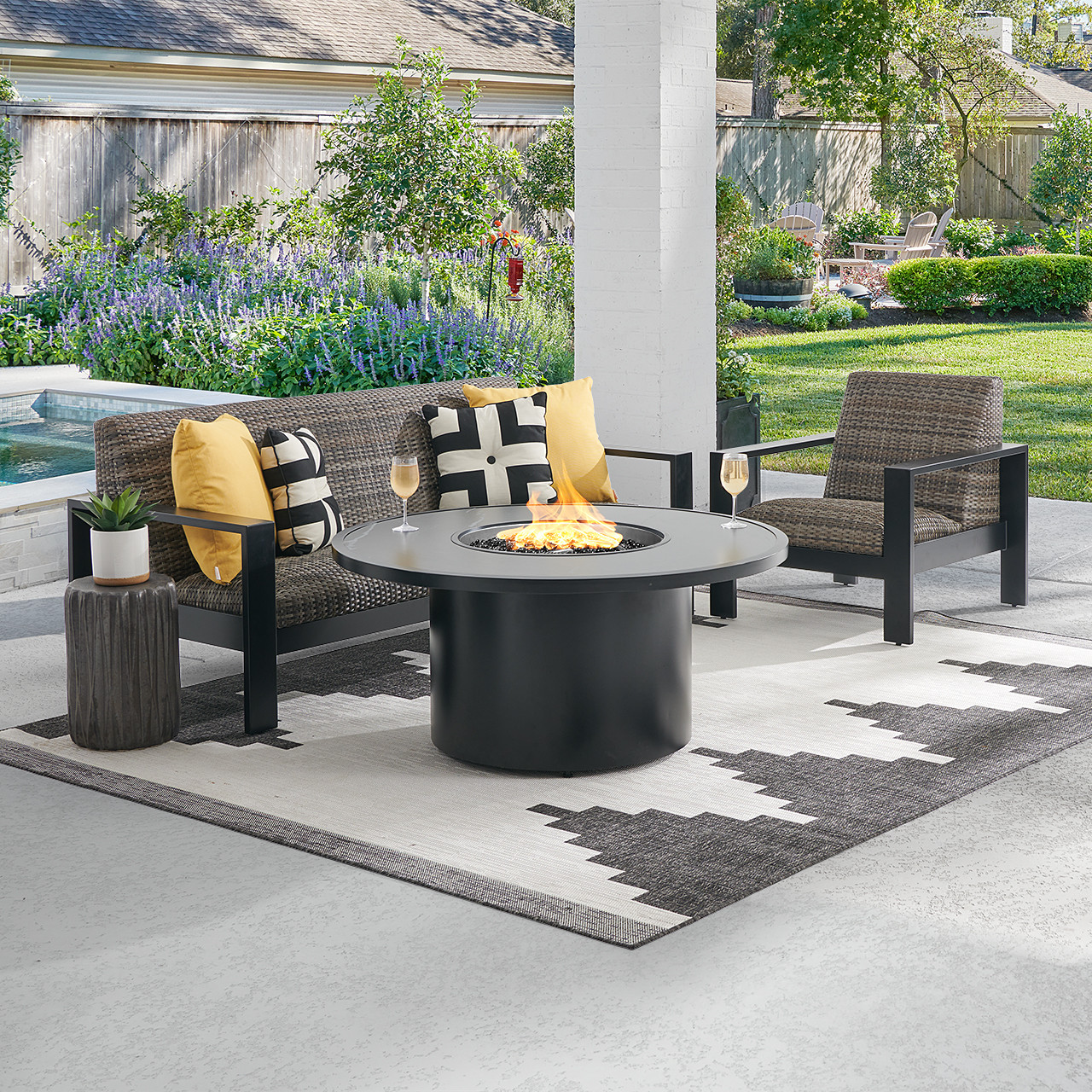 Chelsea Textured Black Aluminum and Weathered Teak Outdoor Wicker Concealed Cushions 3 Piece Sofa Group + 48 in. D Fire Pit Table