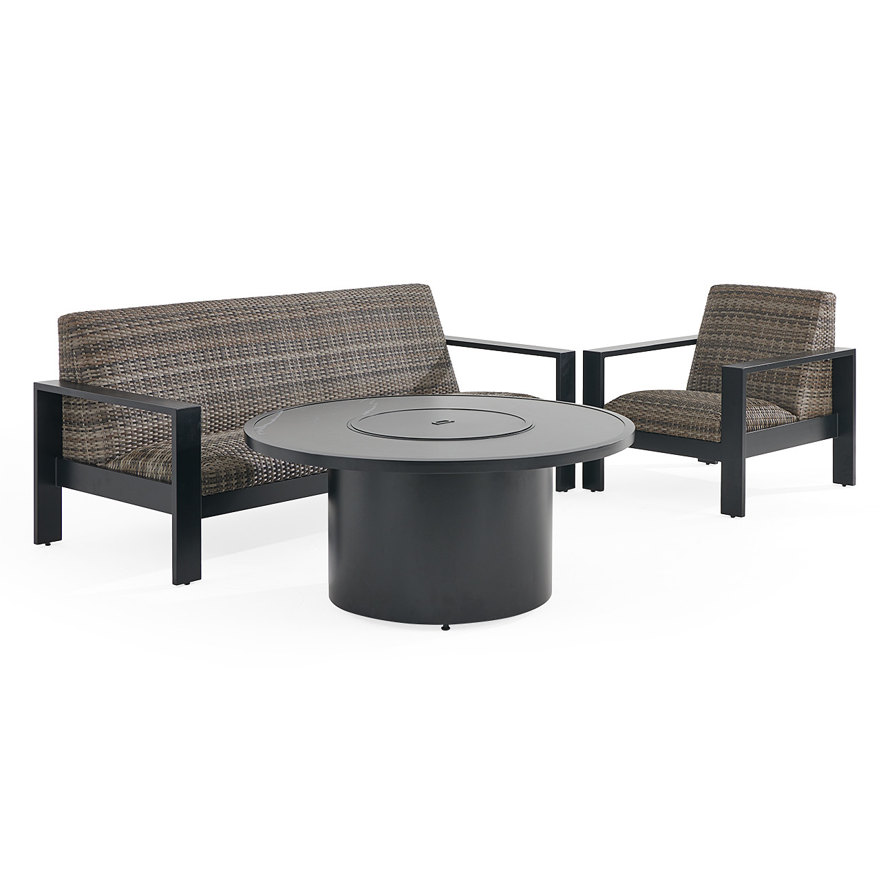 Chelsea Textured Black Aluminum and Weathered Teak Outdoor Wicker Concealed Cushions 3 Piece Sofa Group + 48 in. D Fire Pit Table