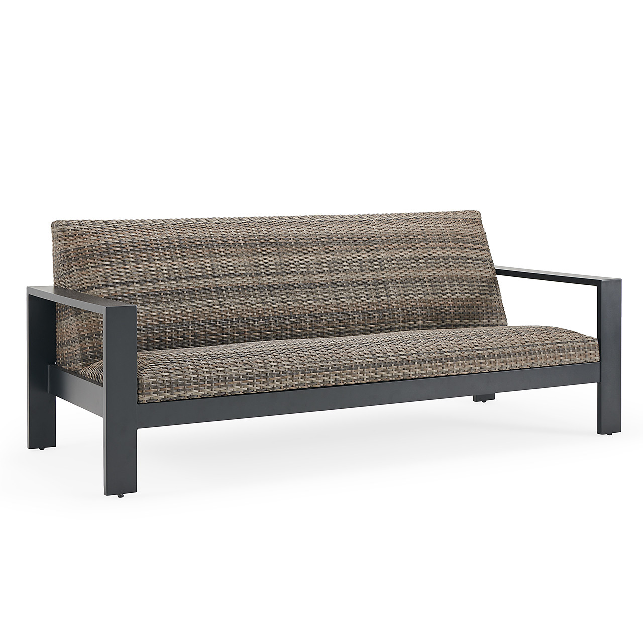 Chelsea Textured Black Aluminum and Weathered Teak Outdoor Wicker Concealed Cushions 3 Piece Sofa Group + 48 in. D Fire Pit Table