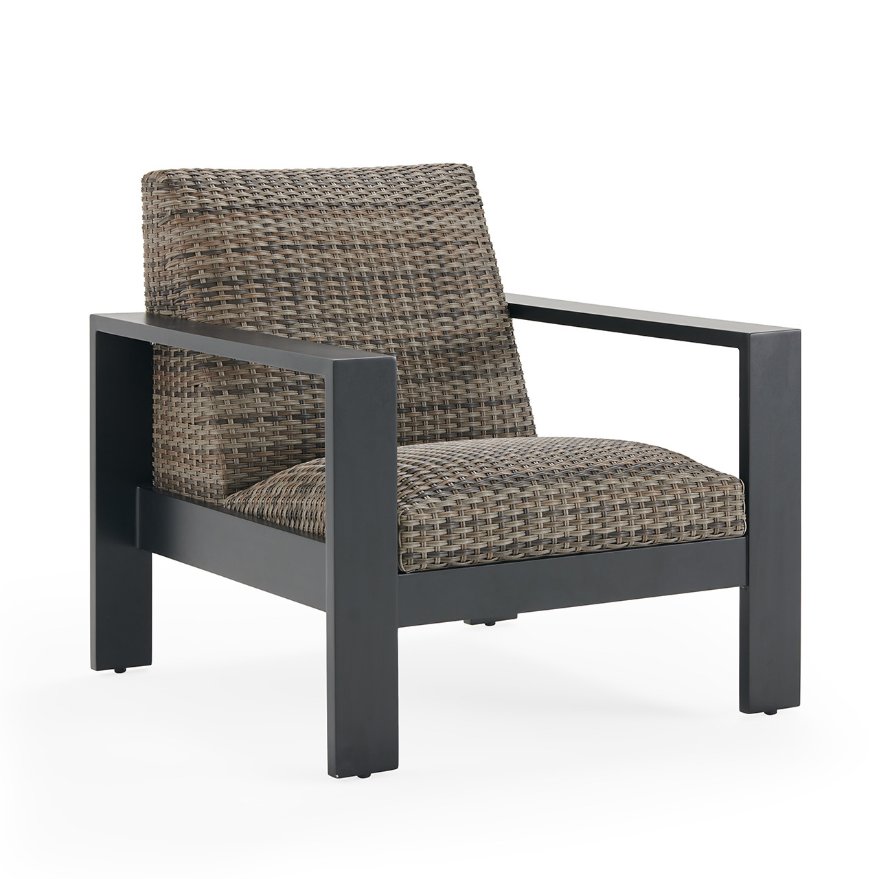 Chelsea Textured Black Aluminum and Weathered Teak Outdoor Wicker Concealed Cushions 3 Piece Sofa Group + 48 in. D Fire Pit Table