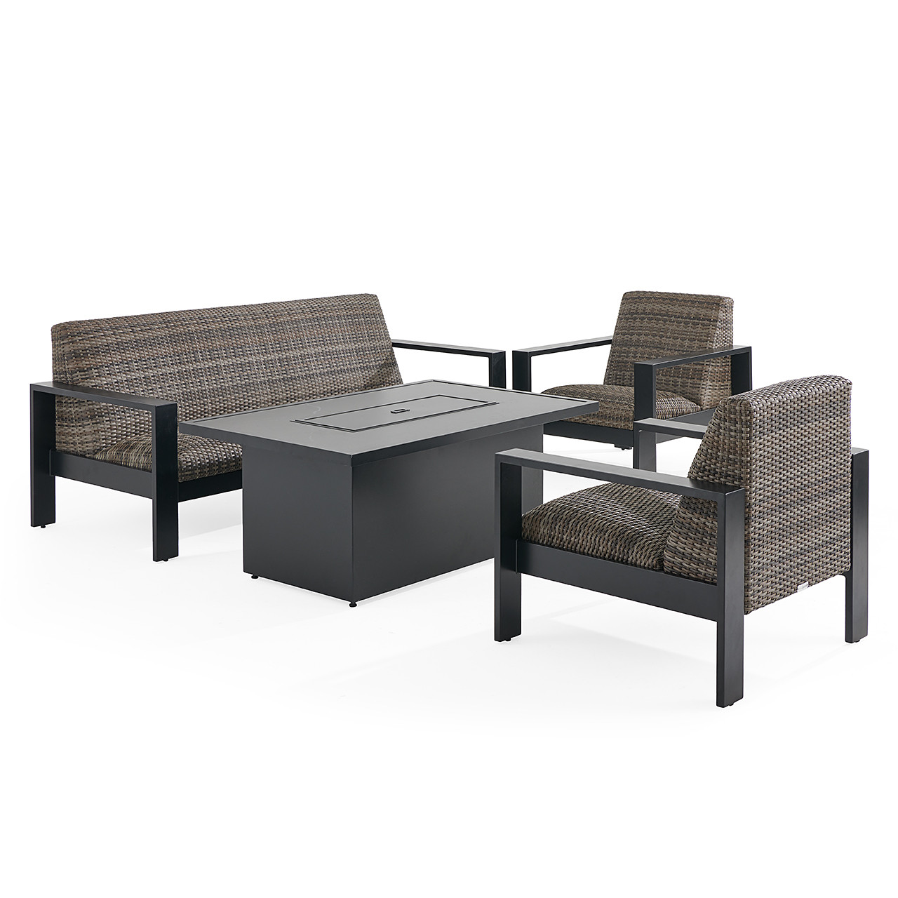 Chelsea Textured Black Aluminum and Weathered Teak Outdoor Wicker Concealed Cushions 4 Piece Sofa Group + 52 x 32 in. Fire Pit Table