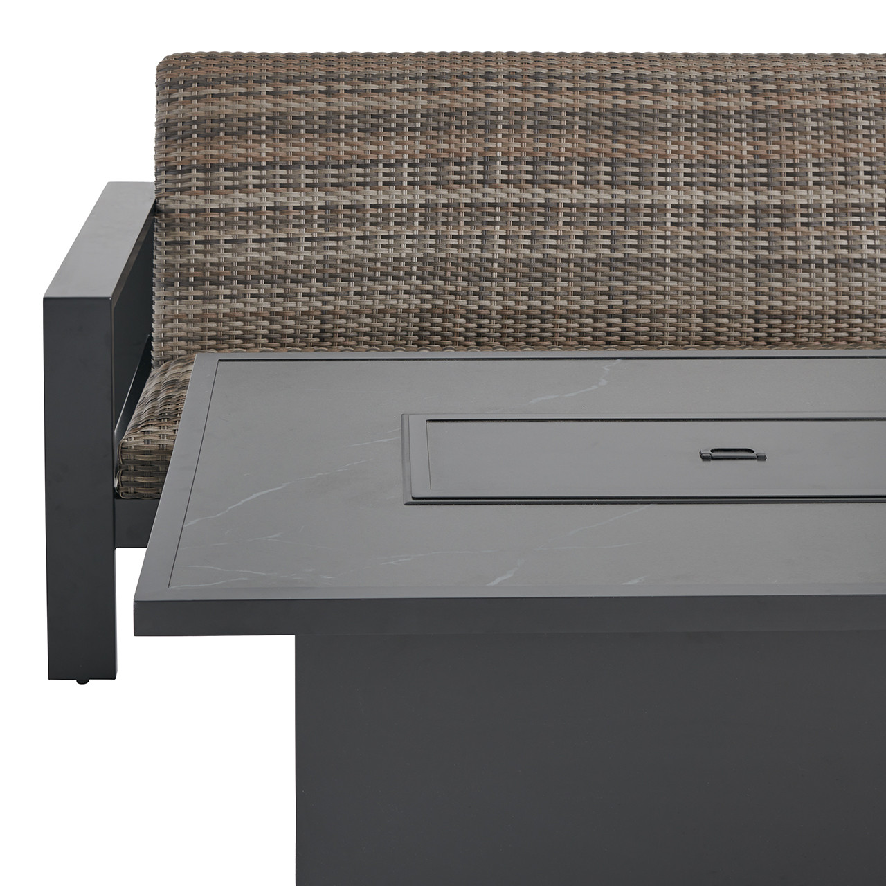 Chelsea Textured Black Aluminum and Weathered Teak Outdoor Wicker Concealed Cushions 4 Piece Sofa Group + 52 x 32 in. Fire Pit Table