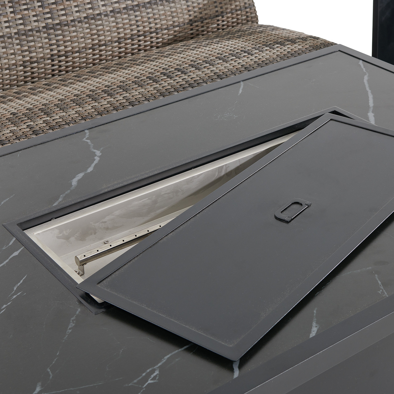 Chelsea Textured Black Aluminum and Weathered Teak Outdoor Wicker Concealed Cushions 4 Piece Sofa Group + 52 x 32 in. Fire Pit Table